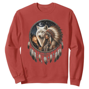 Vintage Native American Woman With White Wolf Graphic Sweatshirt