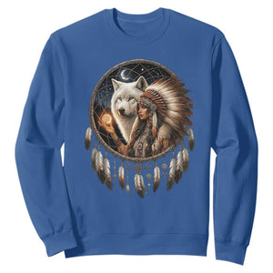 Vintage Native American Woman With White Wolf Graphic Sweatshirt