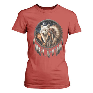 Vintage Native American Woman With White Wolf Graphic T Shirt For Women