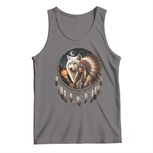 Vintage Native American Woman With White Wolf Graphic Tank Top