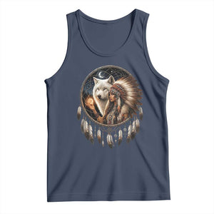 Vintage Native American Woman With White Wolf Graphic Tank Top