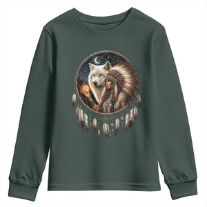 Vintage Native American Woman With White Wolf Graphic Youth Sweatshirt