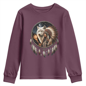 Vintage Native American Woman With White Wolf Graphic Youth Sweatshirt
