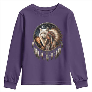 Vintage Native American Woman With White Wolf Graphic Youth Sweatshirt