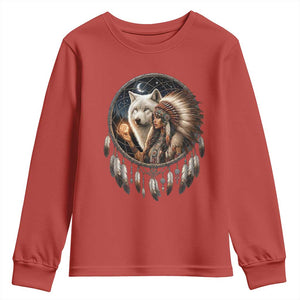 Vintage Native American Woman With White Wolf Graphic Youth Sweatshirt