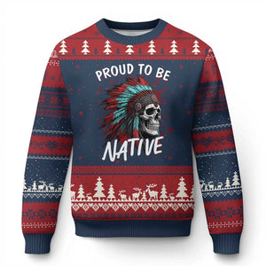 Proud To Be Native Ugly Christmas Sweater Native American Skull Headdress Graphic