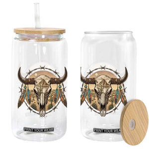 Southwestern Desert Bull Skull Glass Can Rustic Western Feather Emblem