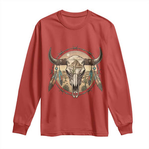 Southwestern Desert Bull Skull Long Sleeve Shirt Rustic Western Feather Emblem