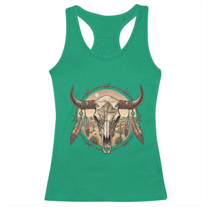 Southwestern Desert Bull Skull Racerback Tank Top Rustic Western Feather Emblem