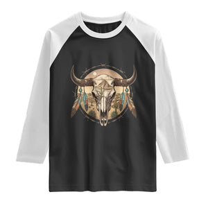 Southwestern Desert Bull Skull Raglan Shirt Rustic Western Feather Emblem