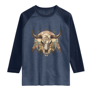 Southwestern Desert Bull Skull Raglan Shirt Rustic Western Feather Emblem