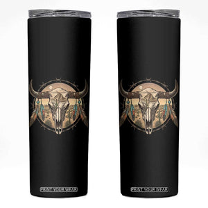 Southwestern Desert Bull Skull Skinny Tumbler Rustic Western Feather Emblem