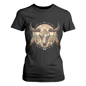 Southwestern Desert Bull Skull T Shirt For Women Rustic Western Feather Emblem