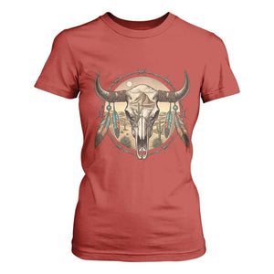 Southwestern Desert Bull Skull T Shirt For Women Rustic Western Feather Emblem