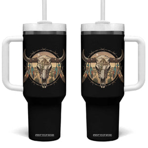 Southwestern Desert Bull Skull Tumbler With Handle Rustic Western Feather Emblem
