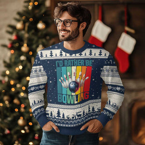 Funny Bowling Quote Ugly Christmas Sweater Id Rather Be Bowling Gift TS12 Navy Beige Print Your Wear