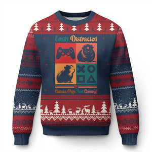 Funny Easily Distracted By Guinea Pigs And Gaming Ugly Christmas Sweater Game Lover Gift TS12 Navy Red Print Your Wear