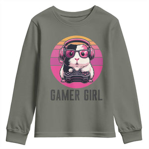 Funny Guinea Pig Video Game Rodent Lover Youth Sweatshirt Gamers Girl Sunset Retro Gift TS12 Military Green Print Your Wear