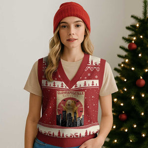 Guineapigzilla Giant V-Neck Knit Sweater Vest Funny Guinea Pig Monster Tokyo Japan Gift TS12 Red Beige Print Your Wear