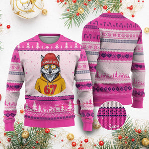 Six Seven Meme Wolf Football Fan Ugly Christmas Sweater Gen Alpha Slang Gift TS12 Hot Pink Print Your Wear