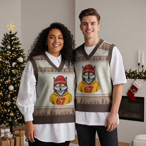 Six Seven Meme Wolf Football Fan V-Neck Knit Sweater Vest Gen Alpha Slang Gift TS12 Mocha Mousse Print Your Wear