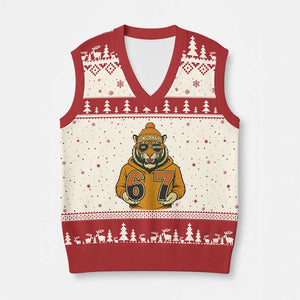 Six Seven Meme Tiger Football Fan V-Neck Knit Sweater Vest Gen Alpha Slang Gift TS12 Beige Red Print Your Wear