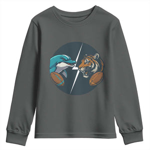 Funny Tiger Vs Dolphin Rivalry Youth Sweatshirt Gift For FB Hardcore Fan TS12 Dark Heather Print Your Wear