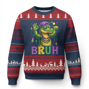 Mardi Gras Mardigator Alligator Six Seven Bruh Meme Ugly Christmas Sweater TS12 Navy Red Print Your Wear