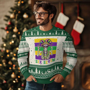Funny Mardi Gras Skeleton Ugly Christmas Sweater Six Seven Meme TS12 Beige Green Print Your Wear