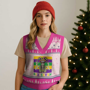 Funny Mardi Gras Skeleton V-Neck Knit Sweater Vest Six Seven Meme TS12 Hot Pink Print Your Wear