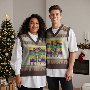 Funny Mardi Gras Skeleton V-Neck Knit Sweater Vest Six Seven Meme TS12 Mocha Mousse Print Your Wear