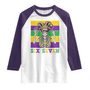 Funny Mardi Gras Skeleton Raglan Shirt Six Seven Meme TS12 White Purple Print Your Wear