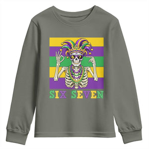 Funny Mardi Gras Skeleton Youth Sweatshirt Six Seven Meme TS12 Military Green Print Your Wear
