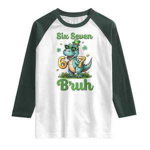 Funny Dinosaur Says Six Seven Raglan Shirt St Patricks Day TS12 White Dark Forest Green Print Your Wear