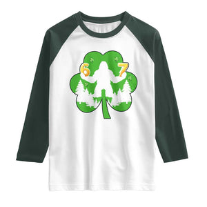 St Patricks Day Bigfoot Shamrock Raglan Shirt Six Seven Meme TS12 White Dark Forest Green Print Your Wear