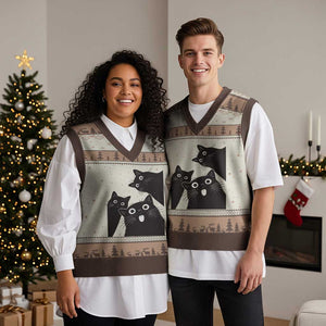 Funny Japanese Black Cat Is Watching You V-Neck Knit Sweater Vest Cat Lover TS12 Mocha Mousse Print Your Wear
