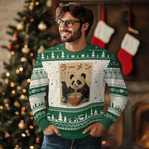 Funny Panda Eating Ramen Scrolling Phone Ugly Christmas Sweater Japanese Art Aesthetic TS12 Beige Green Print Your Wear