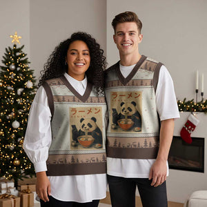 Funny Panda Eating Ramen Scrolling Phone V-Neck Knit Sweater Vest Japanese Art Aesthetic TS12 Mocha Mousse Print Your Wear