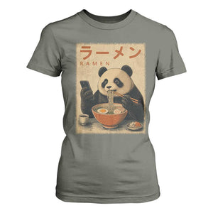Funny Panda Eating Ramen Scrolling Phone T Shirt For Women Japanese Art Aesthetic TS12 Military Green Print Your Wear
