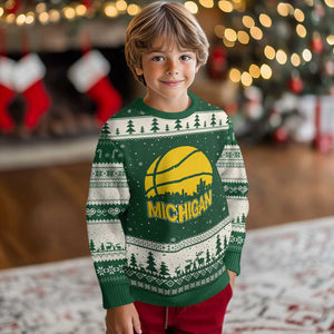 Vintage Michigan Skyline Ugly Christmas Sweater Basketball Lover Gift TS12 Forest Green Beige Print Your Wear