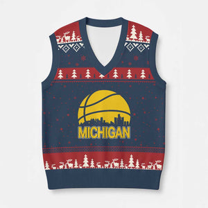 Vintage Michigan Skyline V-Neck Knit Sweater Vest Basketball Lover Gift TS12 Navy Red Print Your Wear