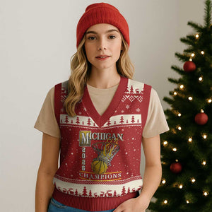 Michigan 2026 Flaming Hoop Basketball Lover V-Neck Knit Sweater Vest Champions Victory Graphic Sports Fan TS12 Red Beige Print Your Wear
