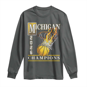 Michigan 2026 Flaming Hoop Basketball Lover Long Sleeve Shirt Champions Victory Graphic Sports Fan TS12 Dark Heather Print Your Wear