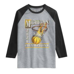 Michigan 2026 Flaming Hoop Basketball Lover Raglan Shirt Champions Victory Graphic Sports Fan TS12 Heather Gray Black Print Your Wear