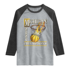 Michigan 2026 Flaming Hoop Basketball Lover Raglan Shirt Champions Victory Graphic Sports Fan TS12 Heather Gray Heather Charcoal Print Your Wear