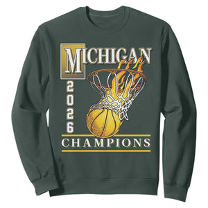 Michigan 2026 Flaming Hoop Basketball Lover Sweatshirt Champions Victory Graphic Sports Fan TS12 Dark Forest Green Print Your Wear