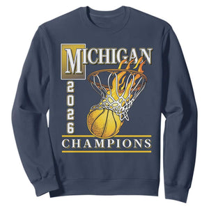 Michigan 2026 Flaming Hoop Basketball Lover Sweatshirt Champions Victory Graphic Sports Fan TS12 Navy Print Your Wear