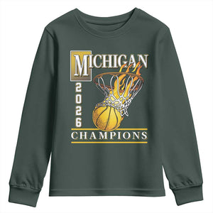 Michigan 2026 Flaming Hoop Basketball Lover Youth Sweatshirt Champions Victory Graphic Sports Fan TS12 Dark Forest Green Print Your Wear