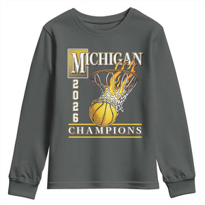 Michigan 2026 Flaming Hoop Basketball Lover Youth Sweatshirt Champions Victory Graphic Sports Fan TS12 Dark Heather Print Your Wear