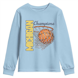Vintage Michigan Hoops Pride Youth Sweatshirt Retro Blue And Gold Champions Victory Graphic Sports Fan TS12 Light Blue Print Your Wear